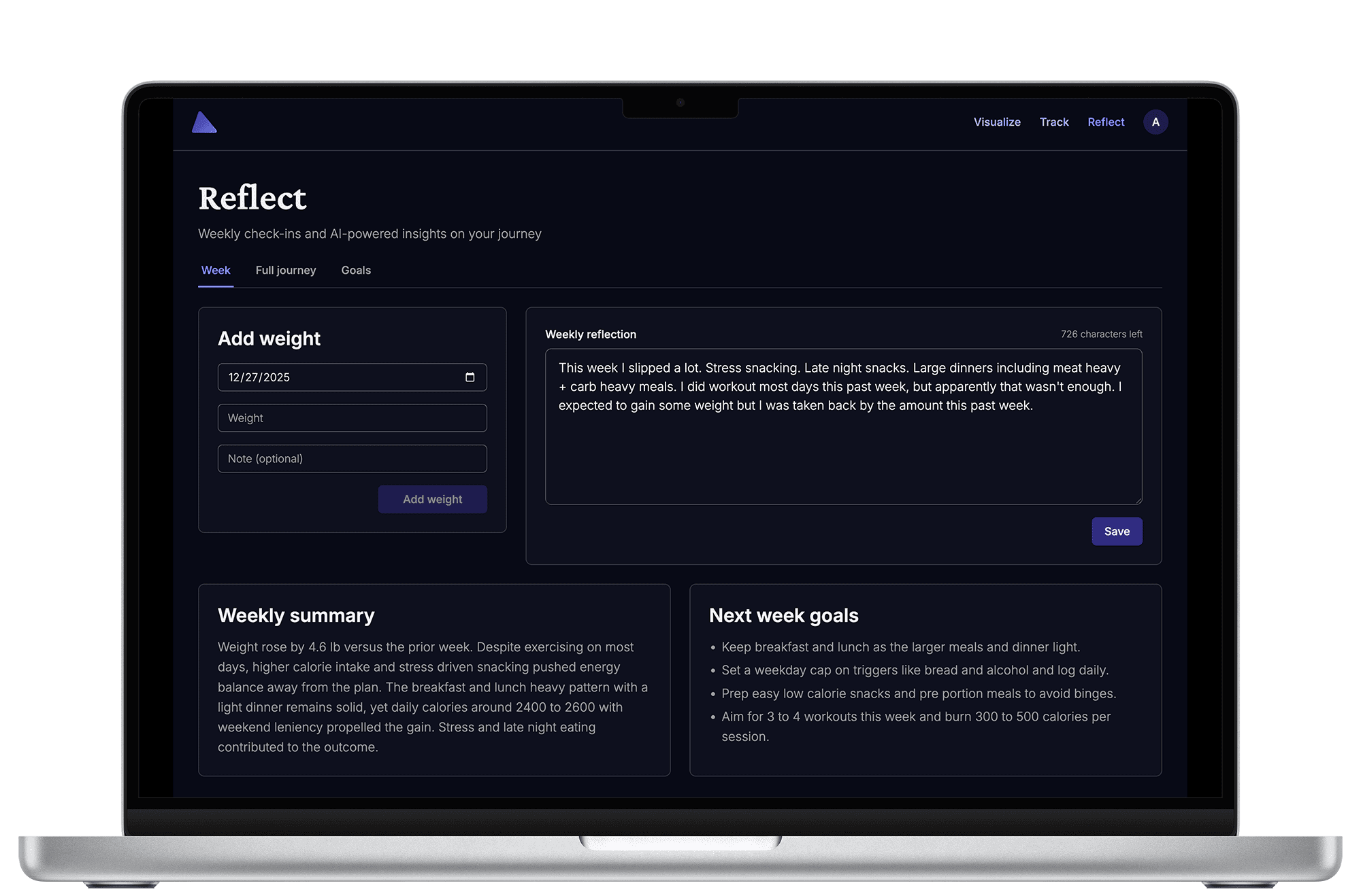 Weekly reflection summary on laptop