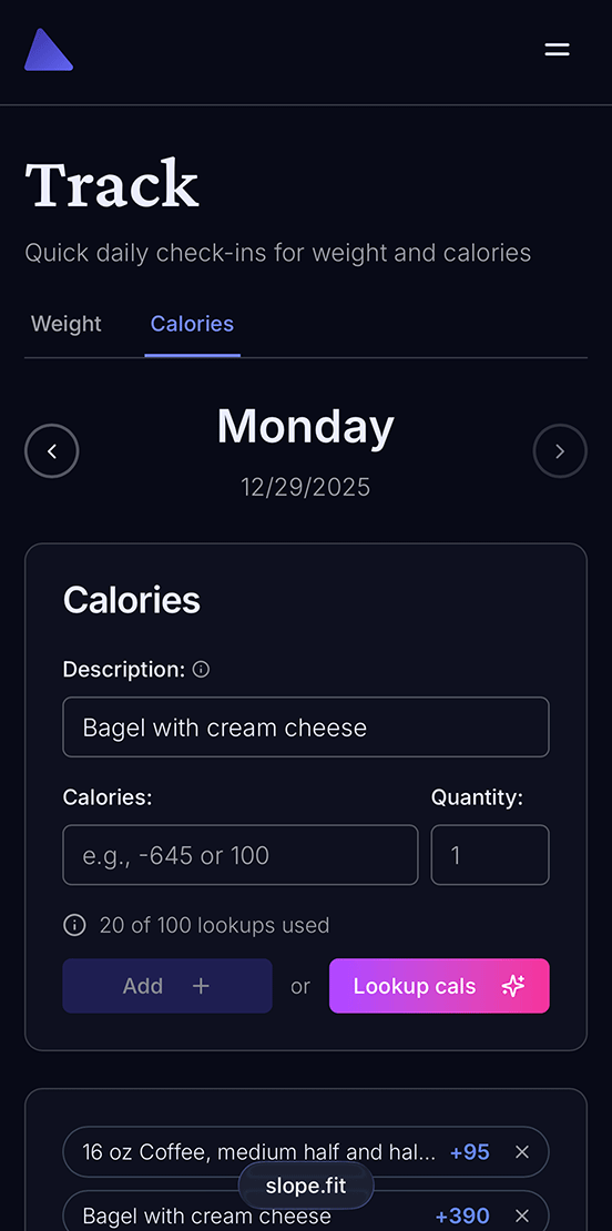 Optional calorie tracking interface
