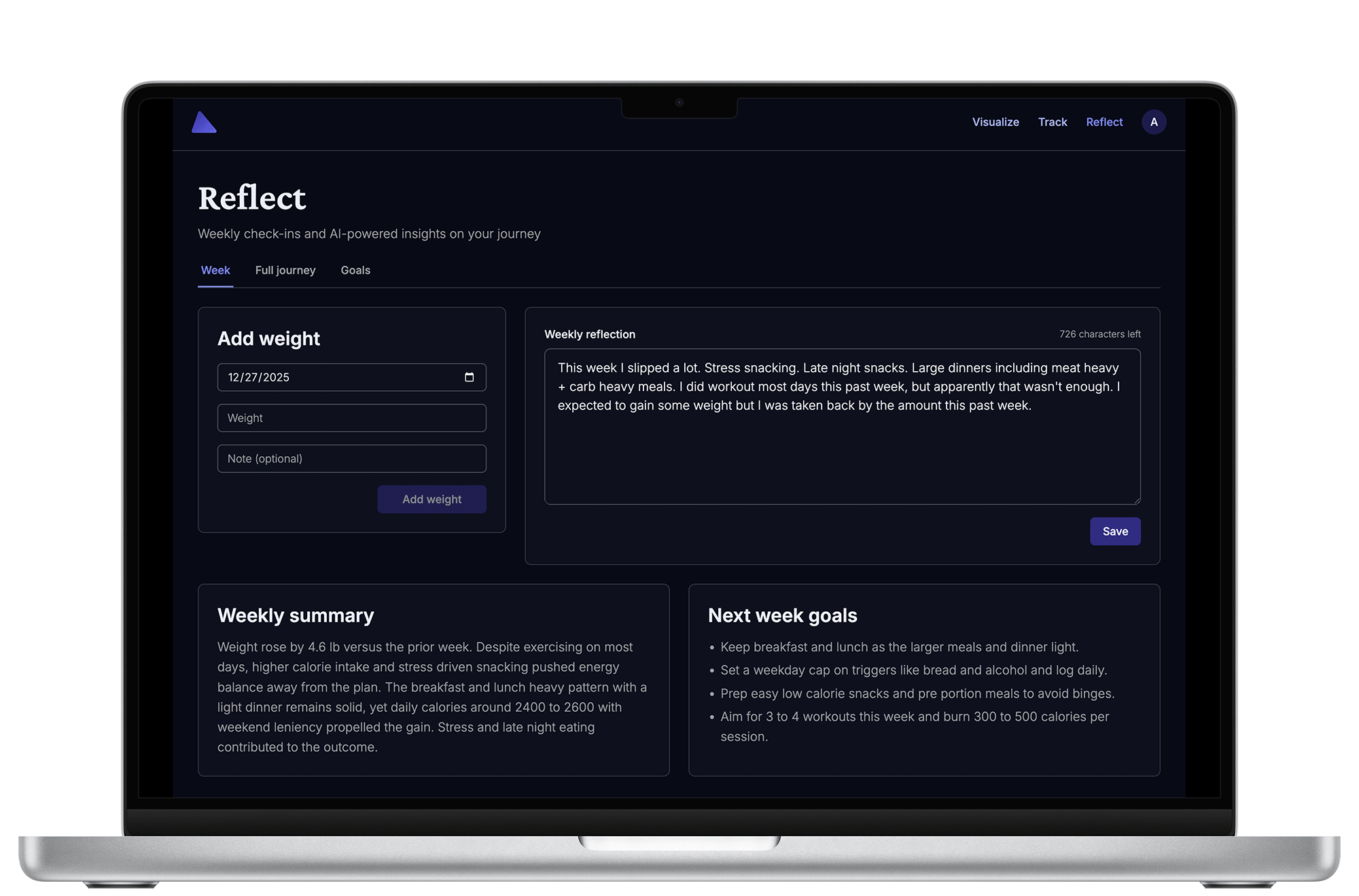 Weekly reflection summary on laptop